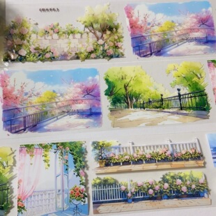 素材整卷 拾光手札.手账pet胶带现代造景花花咕卡流麻和纸贴纸分装