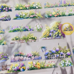 绿意盎然.手账pet胶带自然花丛栅栏造景手工流麻拼贴装饰素材整卷