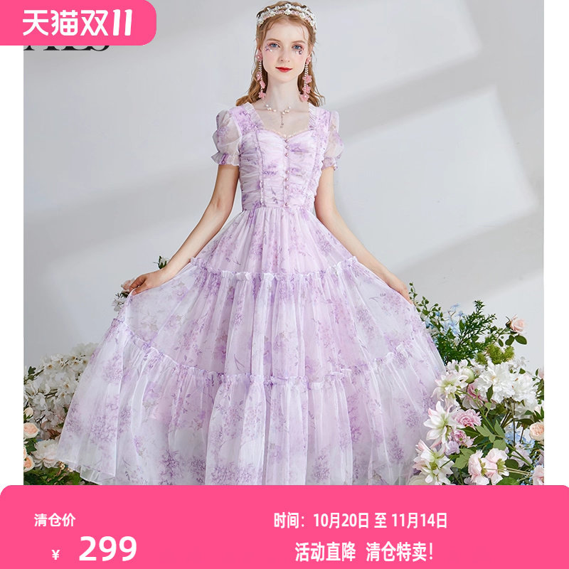 艾丽丝2025夏季新款紫色网纱印花连衣裙甜美优雅短袖中长款仙女裙