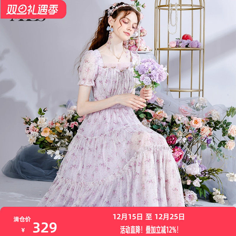 艾丽丝2025夏季新款方领甜美短袖仙女裙网纱拼接印花中长款连衣裙