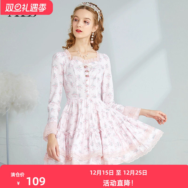 艾丽丝2025秋季新款甜美减龄公主风短款连衣裙长袖方领碎花蛋糕裙