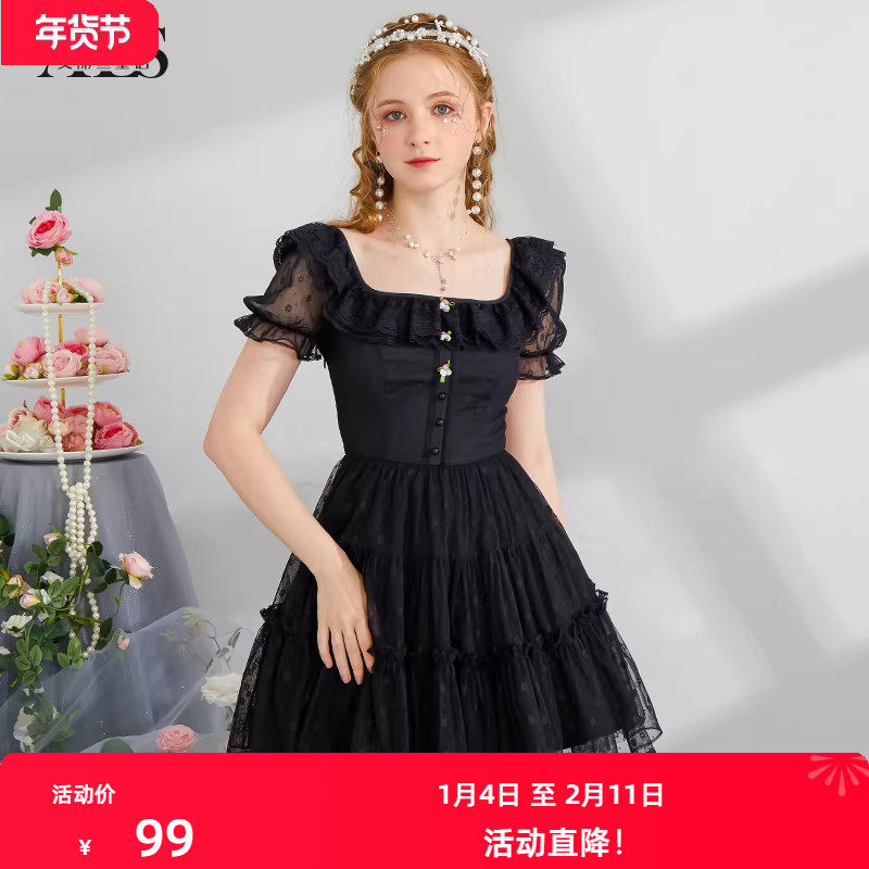 艾丽丝2025夏季新款泡泡袖甜美减龄公主裙黑色修身显瘦短款连衣裙,女装/女士精品,连衣裙,淘宝优惠券,粉丝福利购,淘宝优惠卷