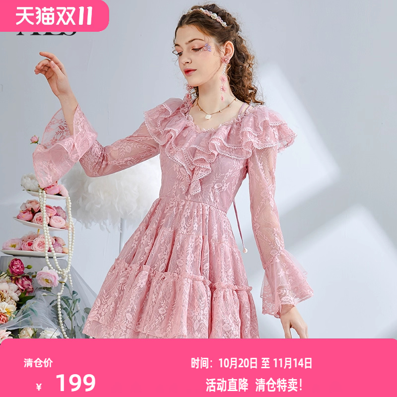 艾丽丝2025秋季新款仙气粉色刺绣短款公主裙甜美喇叭袖V领连衣裙