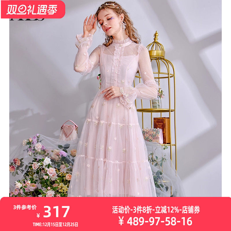 艾丽丝2025秋季新款甜美温柔风中长款连衣裙女减龄气质仙女裙长裙