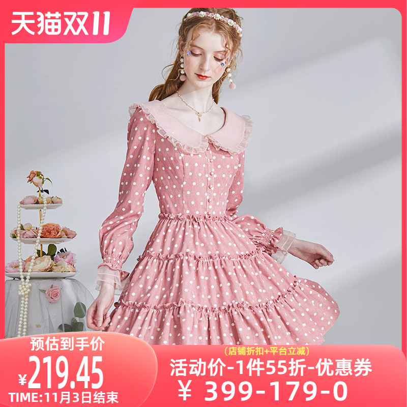 艾丽丝2023秋季新款别致短裙公主裙灯芯绒娃娃领粉色连衣裙蛋糕裙