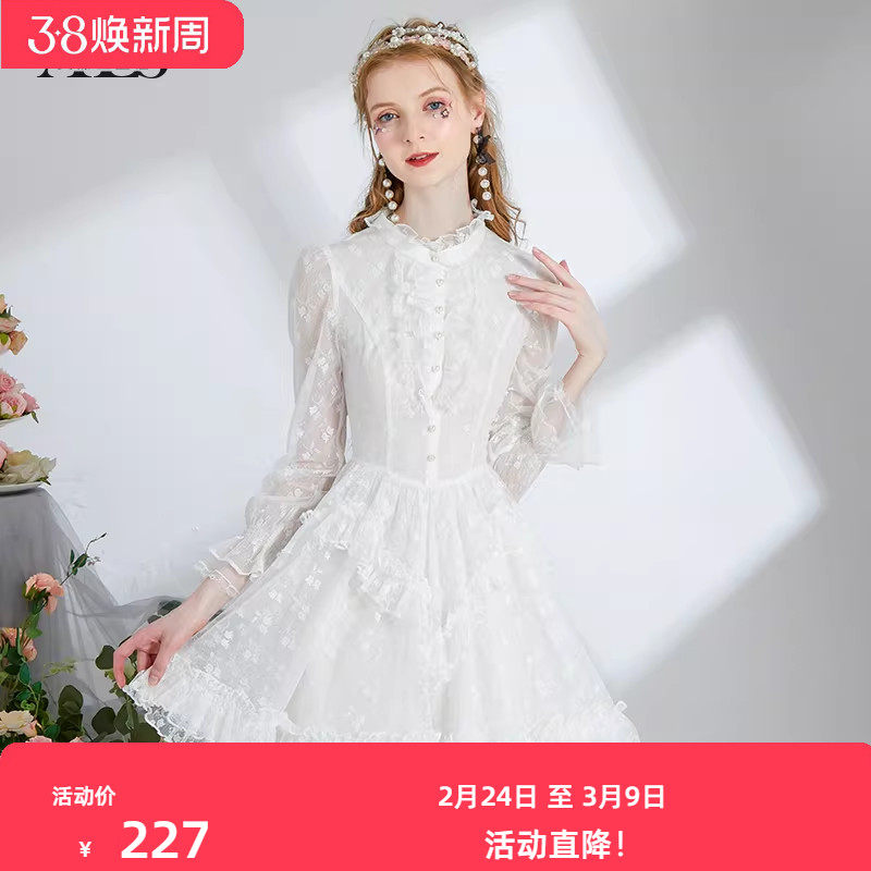 艾丽丝2026春季新款甜美公主风短款裙子半高领荷叶边显身材连衣裙