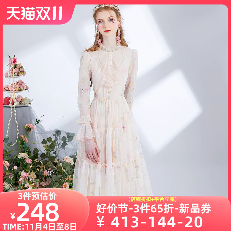 艾丽丝2023秋季新款网纱印花荷叶边中长款裙子修身显瘦甜美连衣裙
