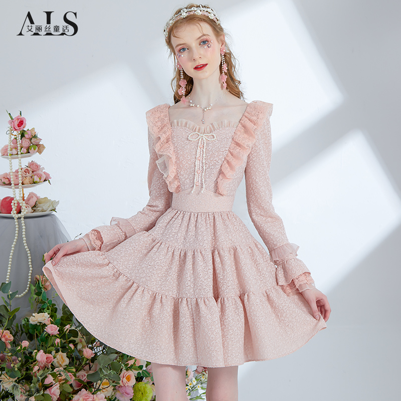 艾丽丝2025秋季新款仙女针织连衣裙粉色短款蛋糕裙显瘦甜美公主裙