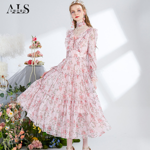 艾丽丝2026春季新款V领长袖碎花连衣裙粉色中长款甜美公主风裙子