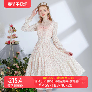 艾丽丝2024春季新款甜美公主风中长款裙子印花长袖方领显瘦连衣裙
