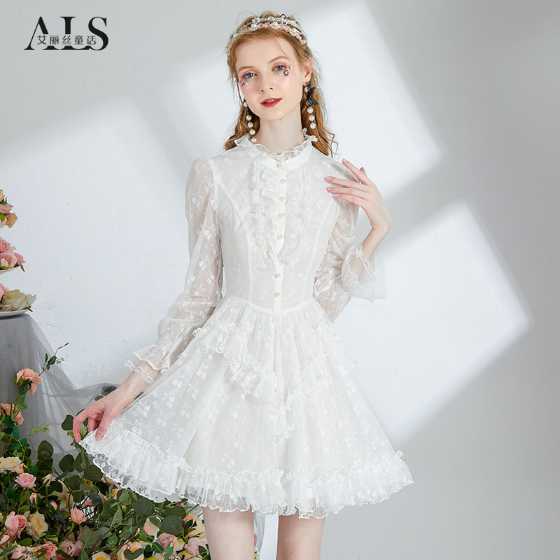 艾丽丝2026春季新款甜美公主风短款裙子半高领荷叶边显身材连衣裙