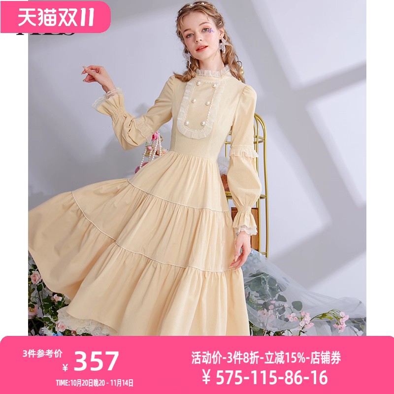 艾丽丝2025秋季新款法式复古设计感蛋糕裙立领长袖中长款连衣裙女