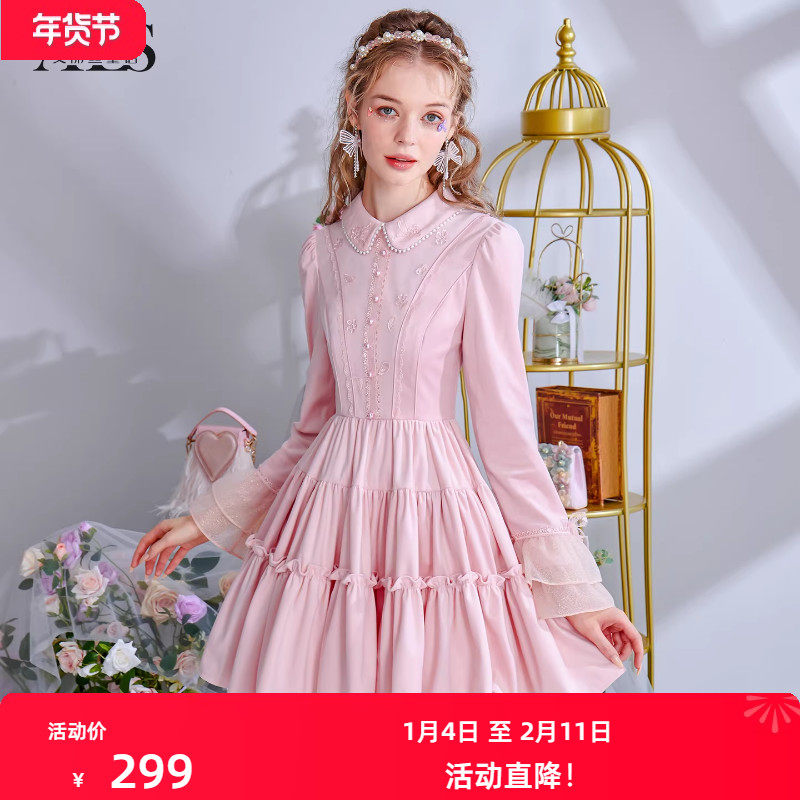 艾丽丝2025秋冬新款甜美粉色短款丝绒连衣裙女娃娃领喇叭袖蛋糕裙