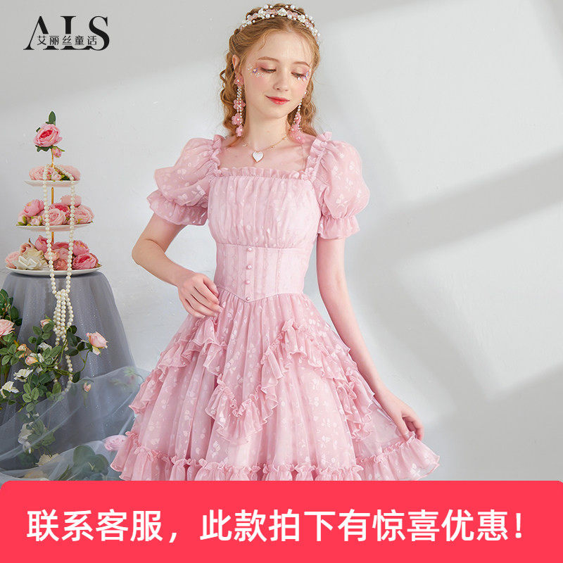 艾丽丝2026夏季新款泡泡袖甜美减龄公主裙方领修身显瘦短款连衣裙