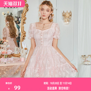 连衣裙 甜美公主风女裙蕾丝刺绣方领荷叶边短款 艾丽丝2025夏季 新款