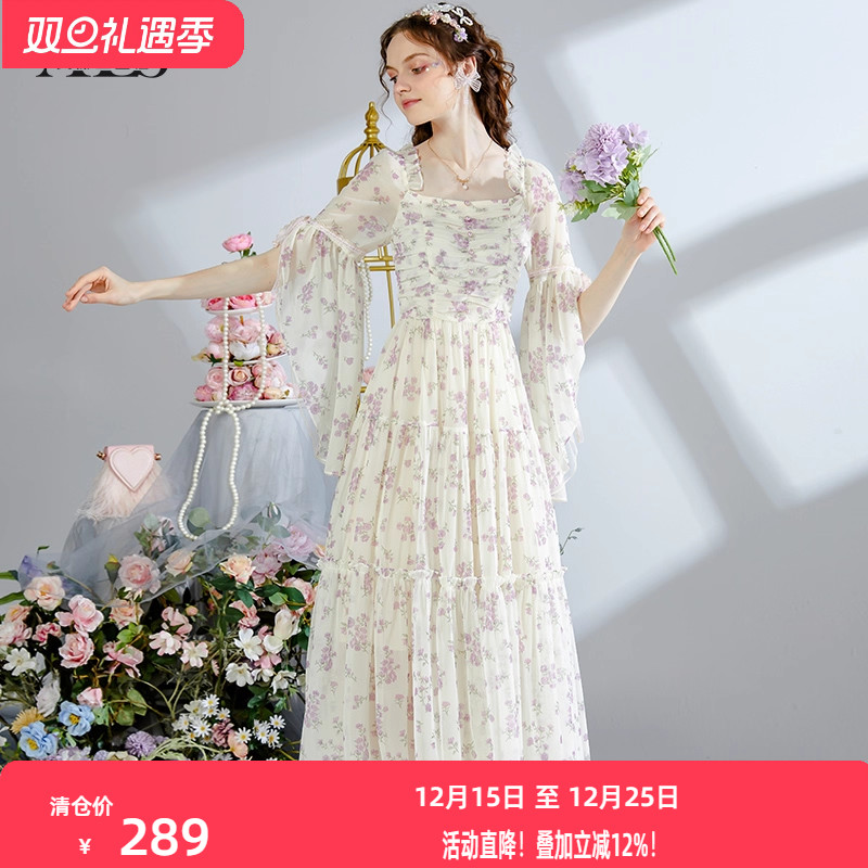 艾丽丝2025夏季新款仙气杏色网纱印花A字裙优雅重工中长款连衣裙