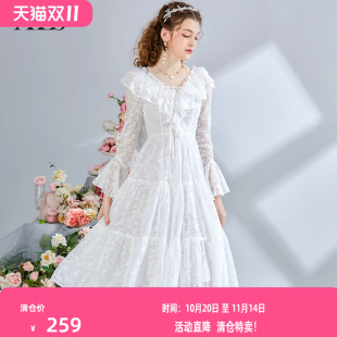 仙女裙优雅花朵蕾丝显瘦连衣裙 白色V领中长款 艾丽丝2025秋季 新款
