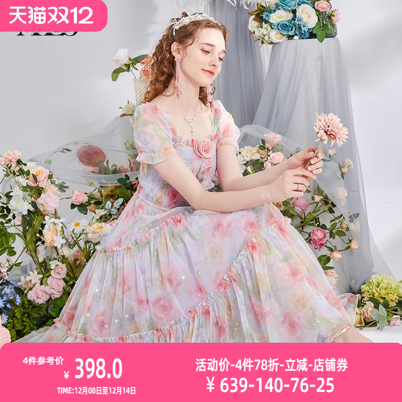 艾丽丝2025夏季新款超仙别致公主裙网纱印花修身显瘦中长款连衣裙