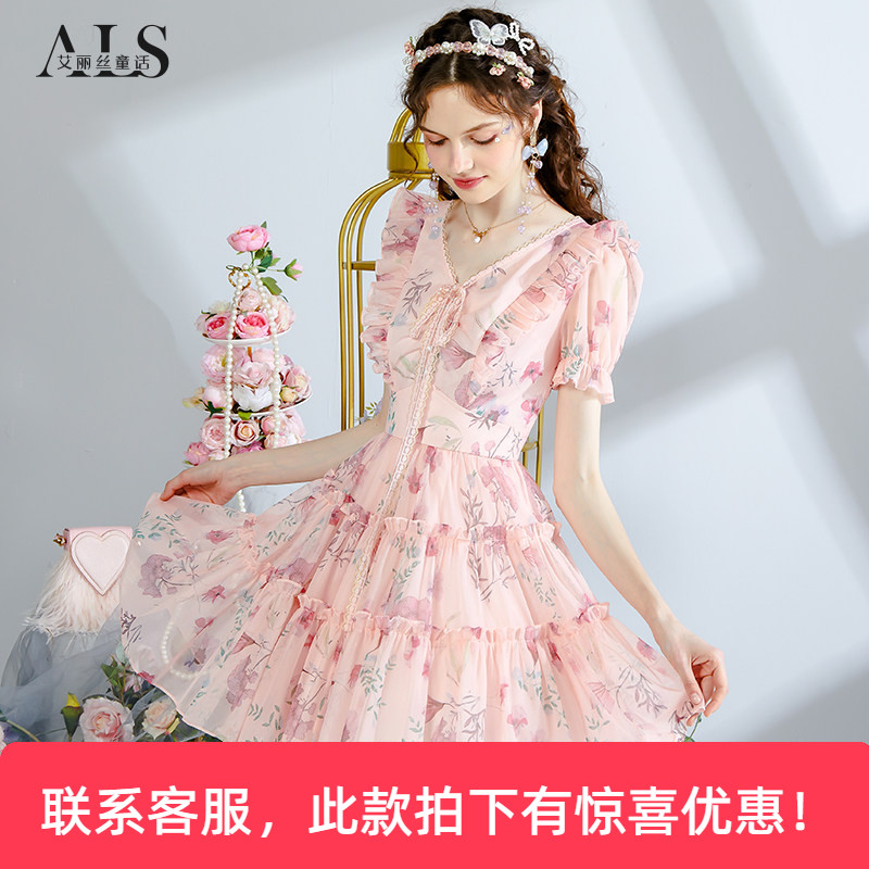 艾丽丝2026夏季新款V领印花短款连衣裙女甜美粉色网纱蕾丝公主裙