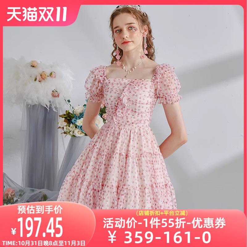 艾丽丝2023夏季新款网纱印花短袖连衣裙粉色甜美碎花荷叶边公主裙