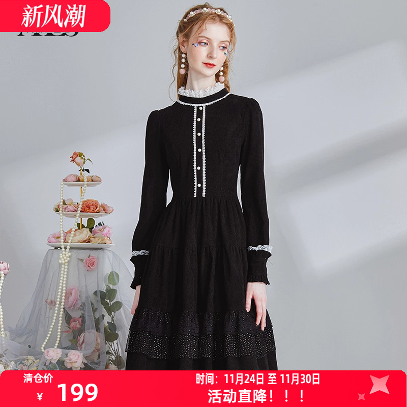 艾丽丝黑色灯芯绒蛋糕连衣裙2025冬季新款修身减龄气质公主风裙子