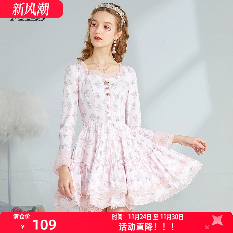 艾丽丝2025秋季新款甜美减龄公主风短款连衣裙长袖方领碎花蛋糕裙