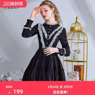 艾丽丝2026春季新款黑色圆领长袖短款连衣裙女气质优雅甜美仙女裙