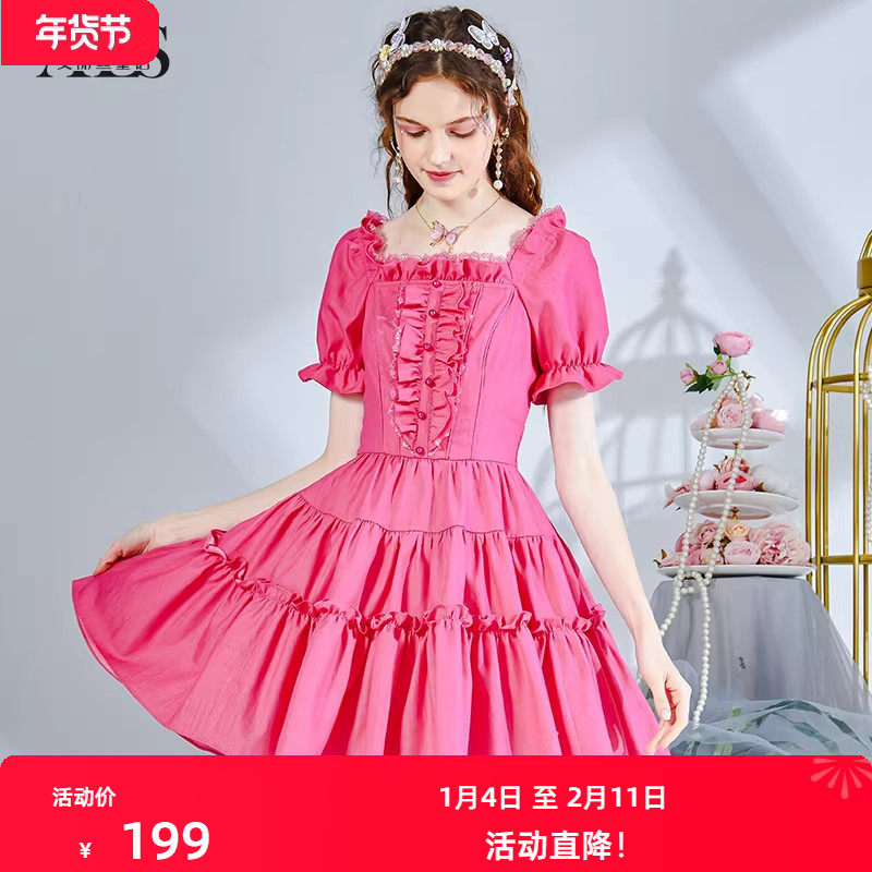 艾丽丝甜美方领短款连衣裙女2025夏季新款牛仔弹力短袖蛋糕公主裙