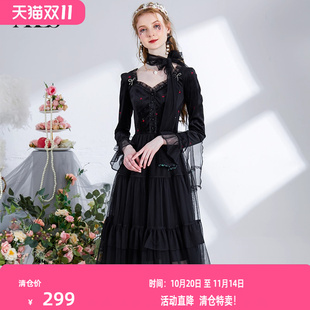 连衣裙女刺绣丝绒网纱拼接裙子 黑色气质中长款 艾丽丝2025秋季 新款