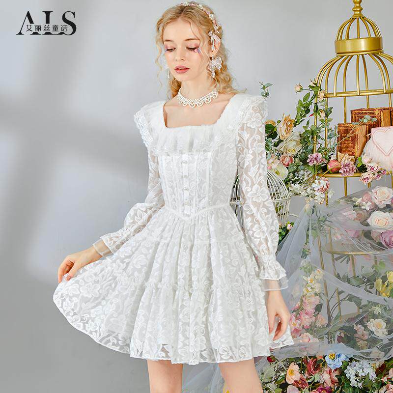 艾丽丝2026春季新款荷叶边仙气甜美公主裙白色长袖方领短款连衣裙