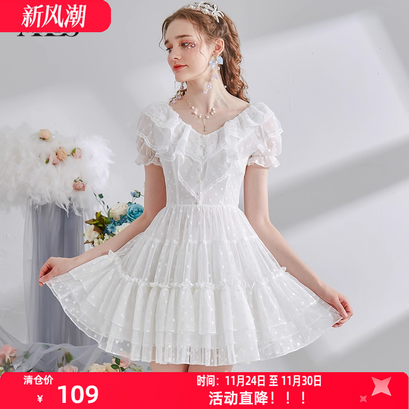 艾丽丝2025夏季新款波点蛋糕连衣裙女荷叶领泡泡袖甜美短款公主裙