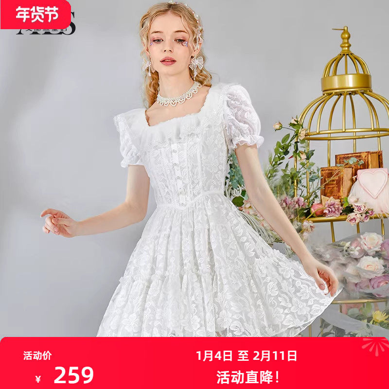 2025夏季新款甜美减龄公主裙刺绣娃娃领白色蕾丝短款连衣裙,女装/女士精品,连衣裙,淘宝优惠券,粉丝福利购,淘宝优惠卷
