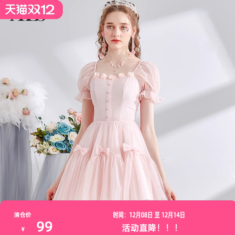 艾丽丝2025夏季新款原创女装短袖方领蝴蝶结甜美公主风短款连衣裙