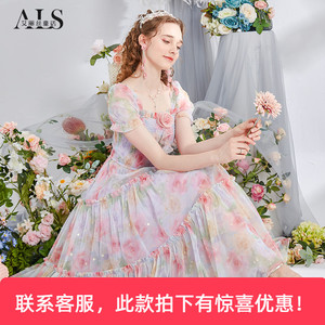 艾丽丝2026夏季新款超仙别致公主裙网纱印花修身显瘦中长款连衣裙