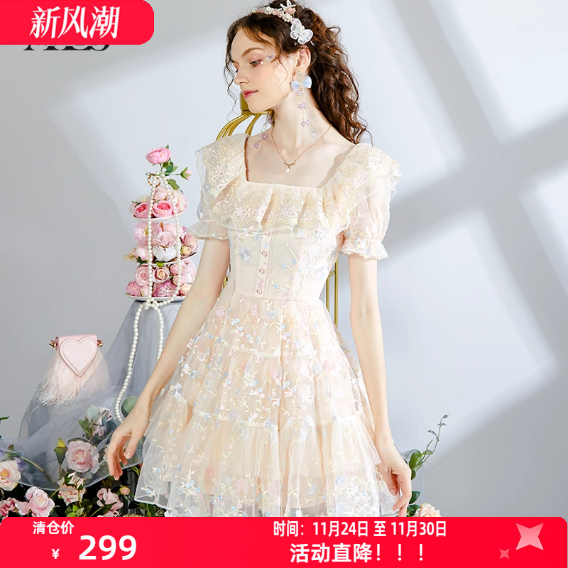 艾丽丝2025夏季新款仙气刺绣短款公主裙优雅蕾丝短袖蛋糕连衣裙女