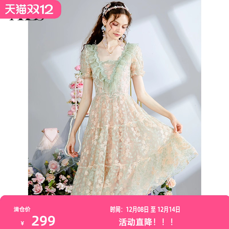 重工刺绣网纱连衣裙女夏季