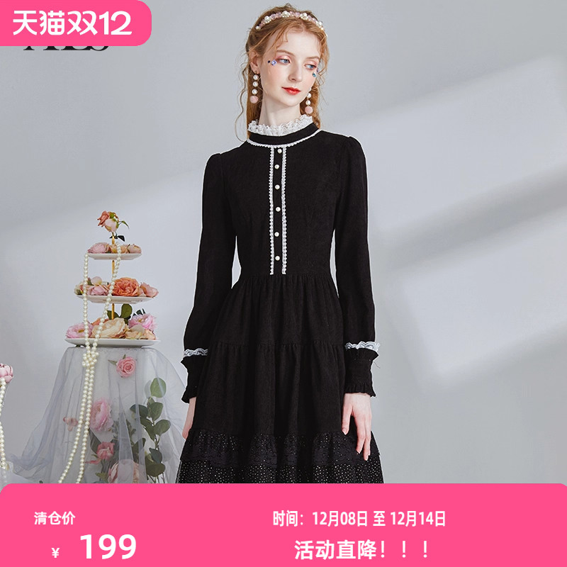 艾丽丝灯芯绒黑色公主风