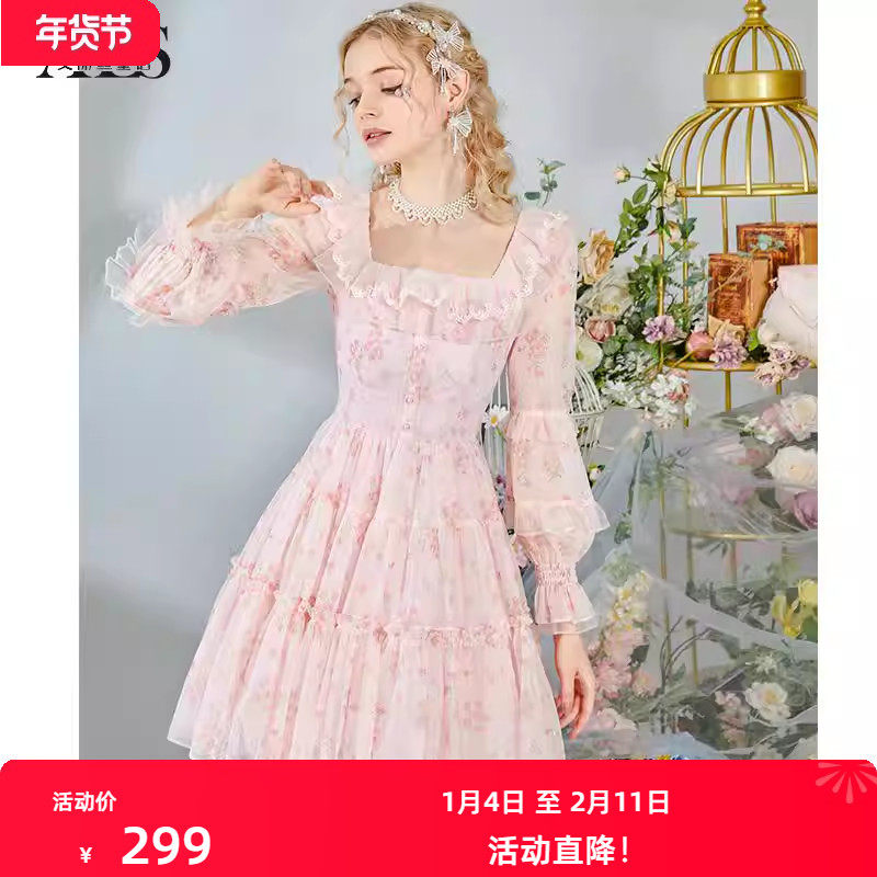 艾丽丝2025秋季新款重工刺绣蕾丝蛋糕裙粉色甜美公主风短款连衣裙