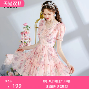 连衣裙女甜美粉色网纱蕾丝公主裙 V领印花短款 艾丽丝2025夏季 新款
