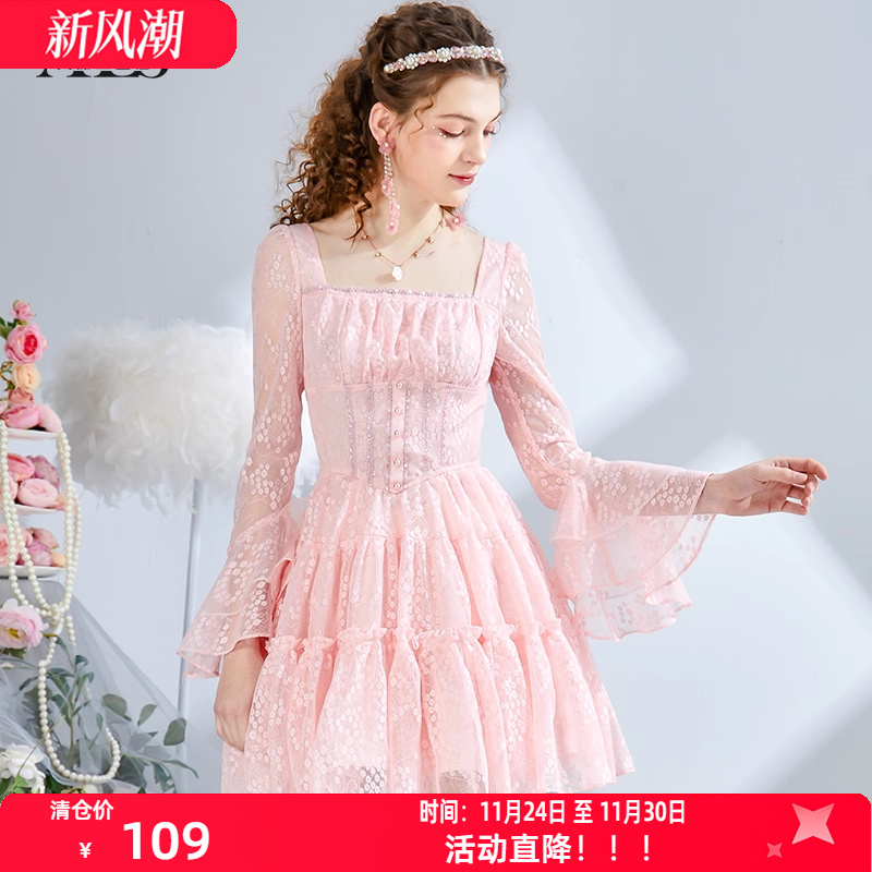 艾丽丝2025秋季新款甜美红色蕾丝连衣裙粉色刺绣方领短款仙女裙女
