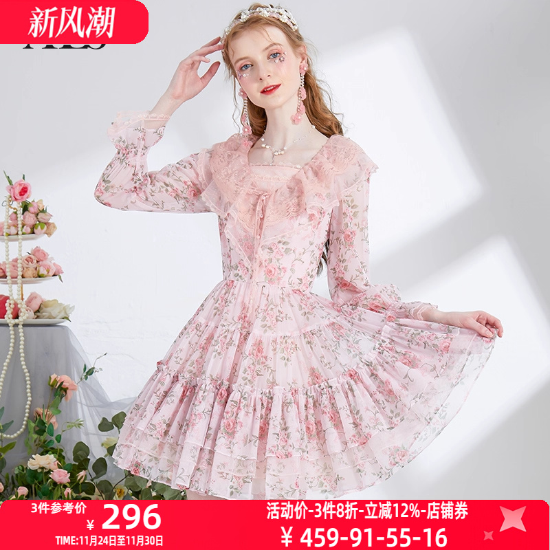 艾丽丝2025秋季新款粉色甜美公主风蛋糕裙印花荷叶领短款连衣裙女