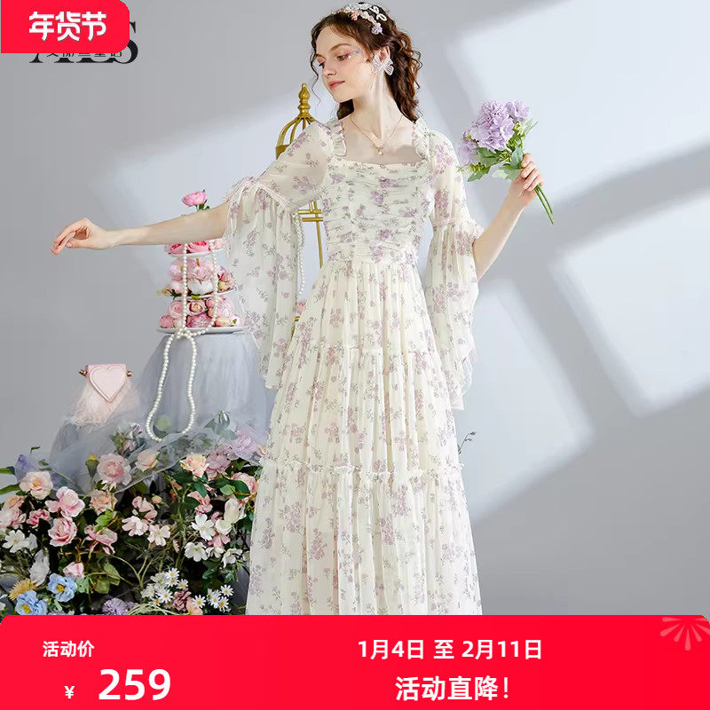 艾丽丝2025夏季新款仙气杏色网纱印花A字裙优雅重工中长款连衣裙,女装/女士精品,连衣裙,淘宝优惠券,粉丝福利购,淘宝优惠卷