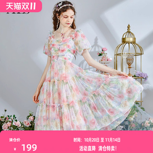方领中长款 艾丽丝2025夏季 短袖 公主裙子修身 仙女连衣裙女超仙 新款