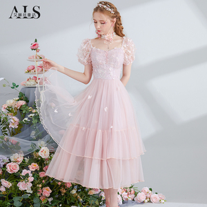 艾丽丝2026夏季新款粉色收腰网纱中长款连衣裙甜美精致婚宴蛋糕裙
