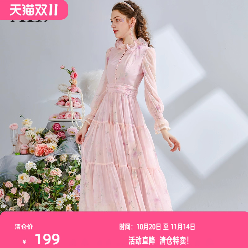 艾丽丝2025秋季新款甜美玫瑰印花显瘦连衣裙粉色仙气中长款蛋糕裙