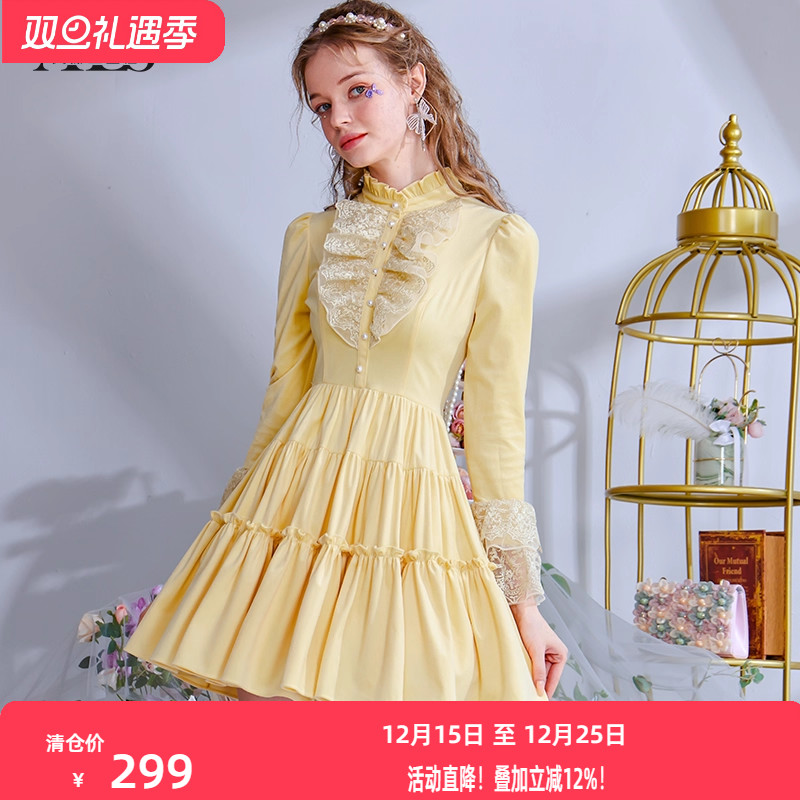 艾丽丝2025秋季新款灯芯绒黄色甜美公主风蛋糕裙泡泡袖短款连衣裙