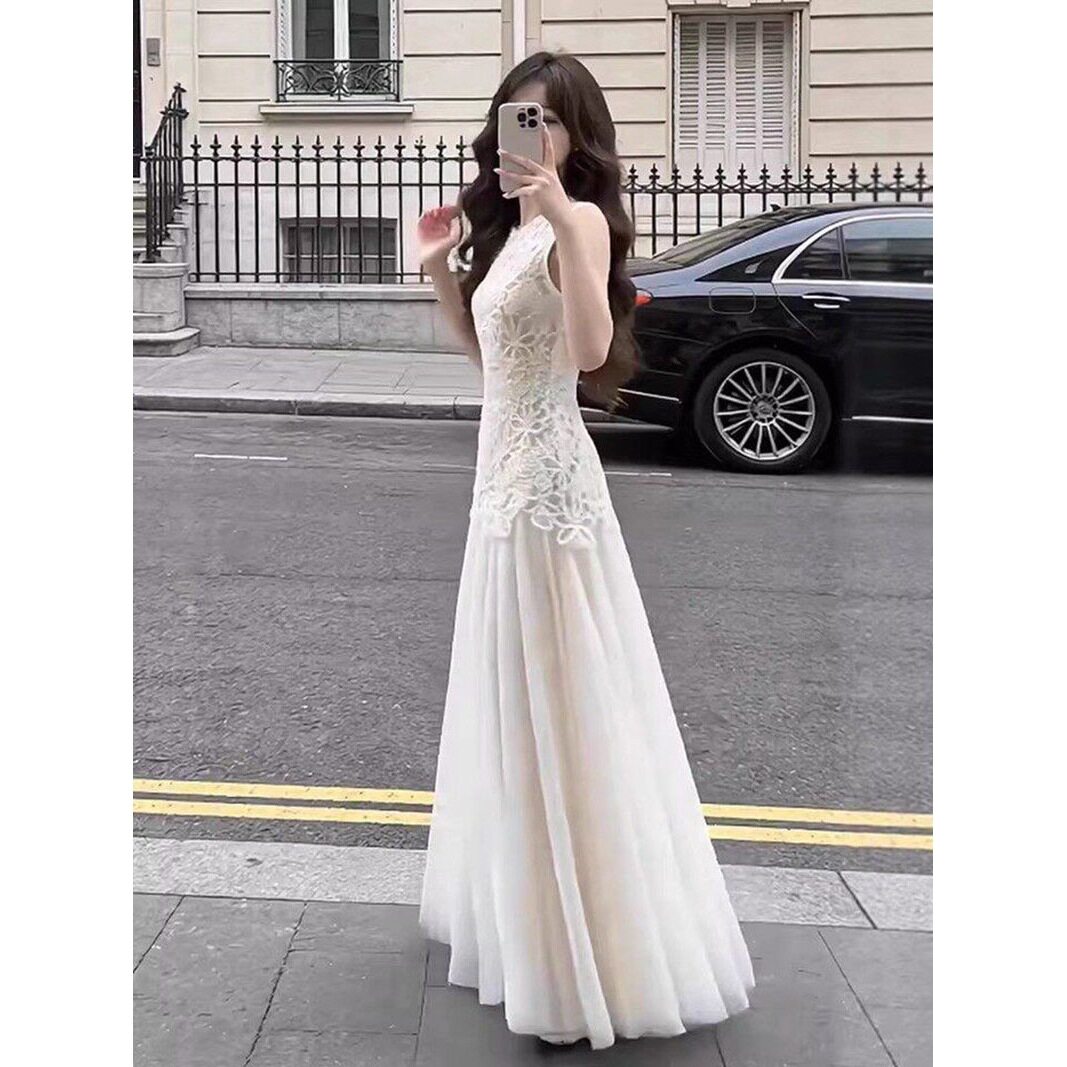名媛千金感小礼服高级感蕾丝网纱拼接收腰款长裙无袖背心连衣裙