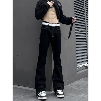 美式复古飘带修身微喇叭牛仔裤高街vibe显瘦百搭纯色直筒长裤男女
