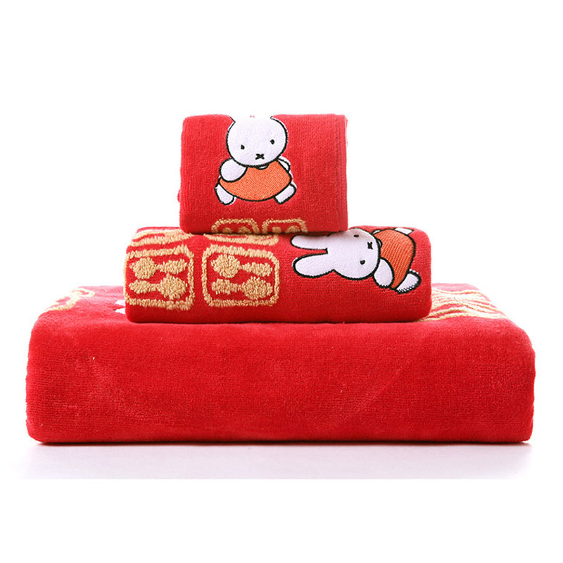 金号米菲纯棉婚庆大红三件套 方巾毛巾浴巾各一条卡通可爱柔软