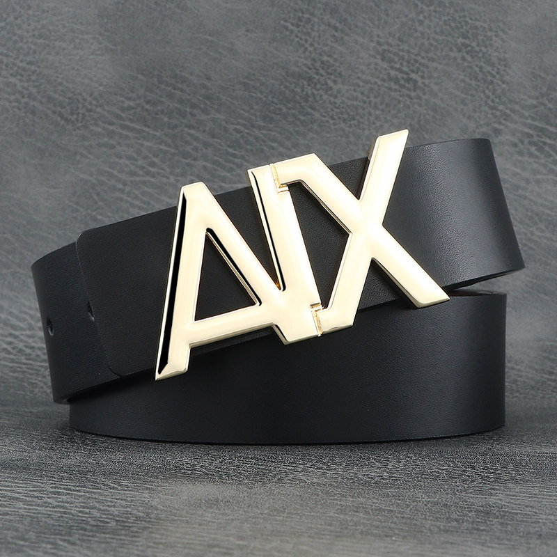 男士皮带真皮简约牛仔时尚AX字母平滑扣腰带青少年宽光面韩版裤带